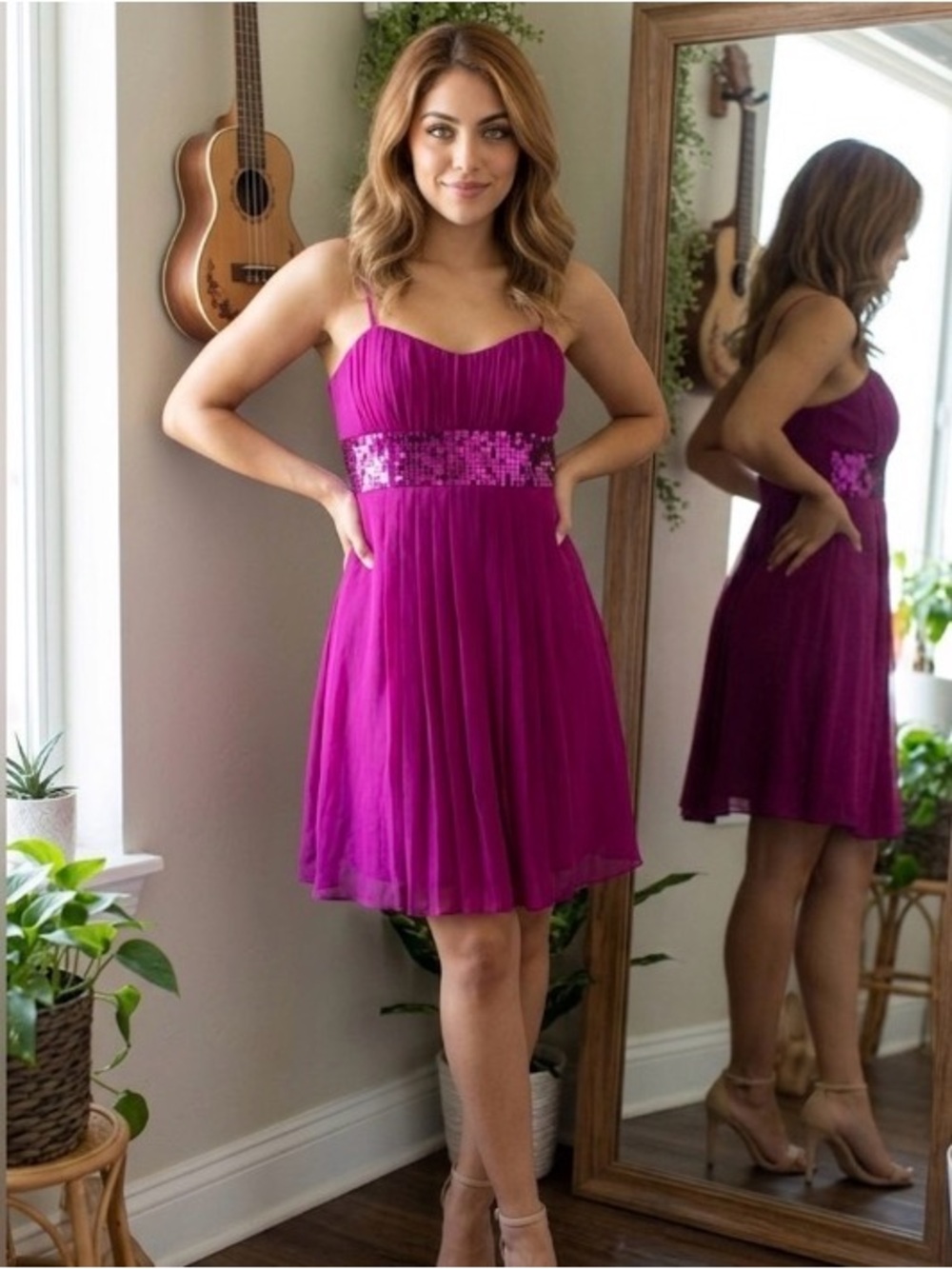 Democracy Fuchsia woman Dress with Sequin Band cóctel dress sz 2